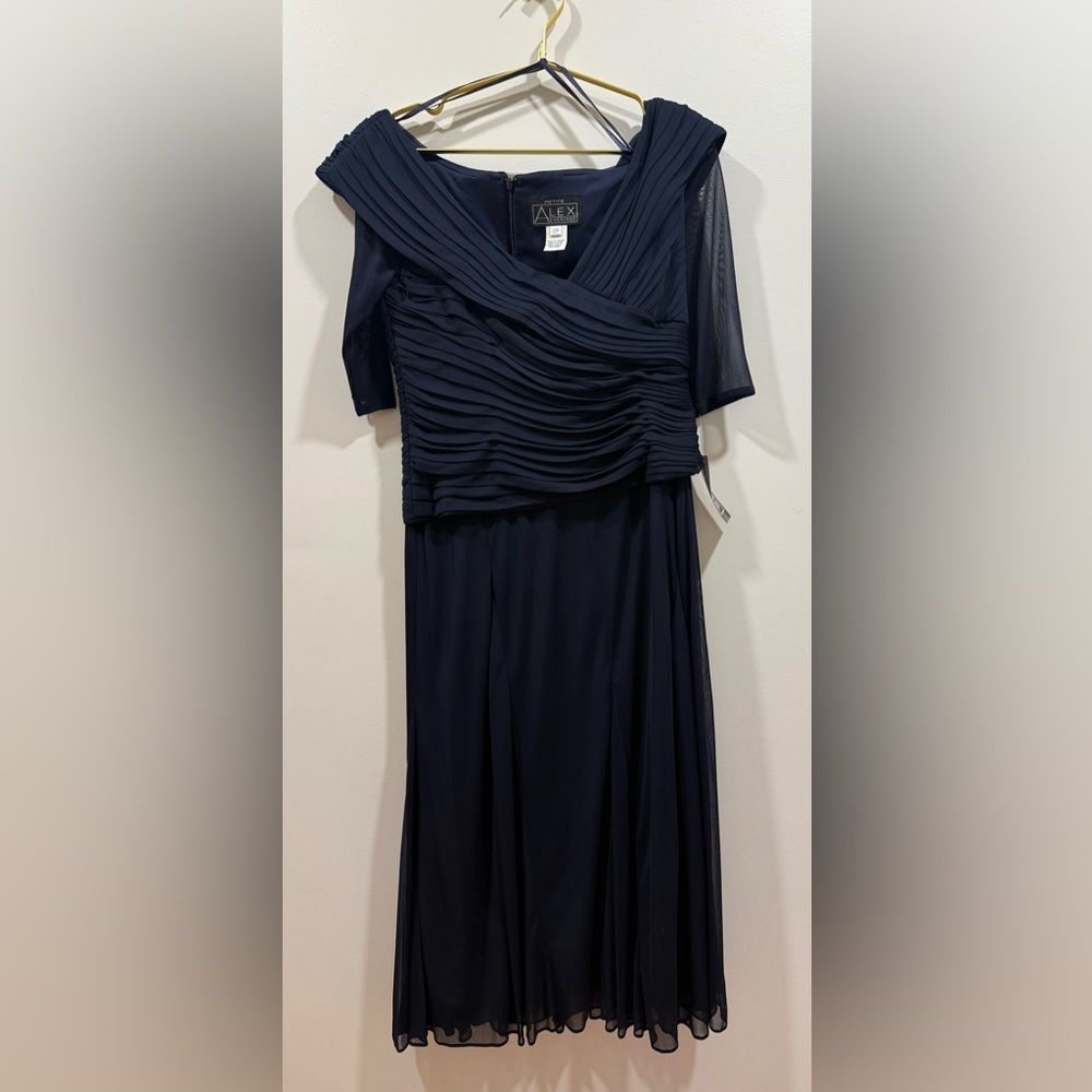 Alex Evenings Navy Pleated Long Sleeve Dress